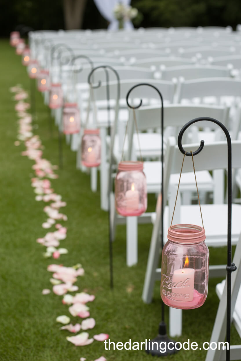Pink Mason Jar Lanterns Along Ceremony Aisle