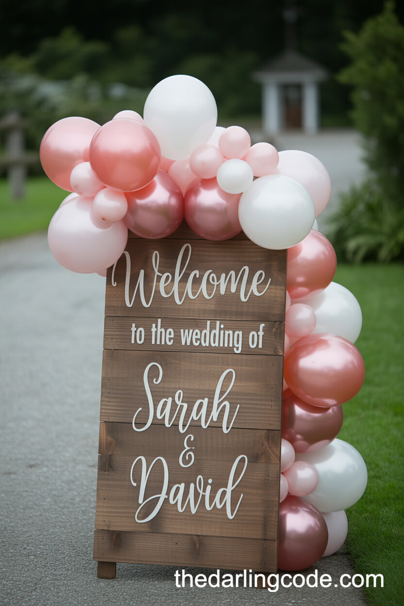 Wooden Wedding Welcome Sign With Pink Balloon Arrangement