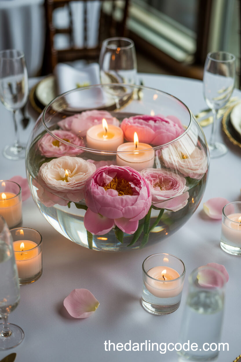 Floating Pink Peony Centerpiece With Candles