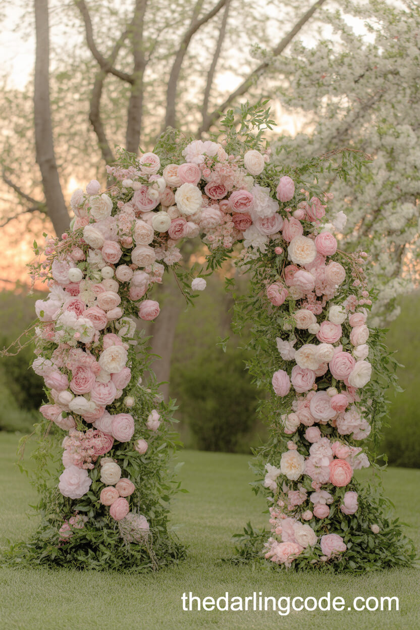 Floral Wedding Arch With Shades Of Pink Blooms