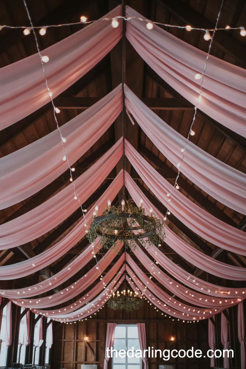 Pink Chiffon Ceiling Draping With Fairy Lights In A Barn
