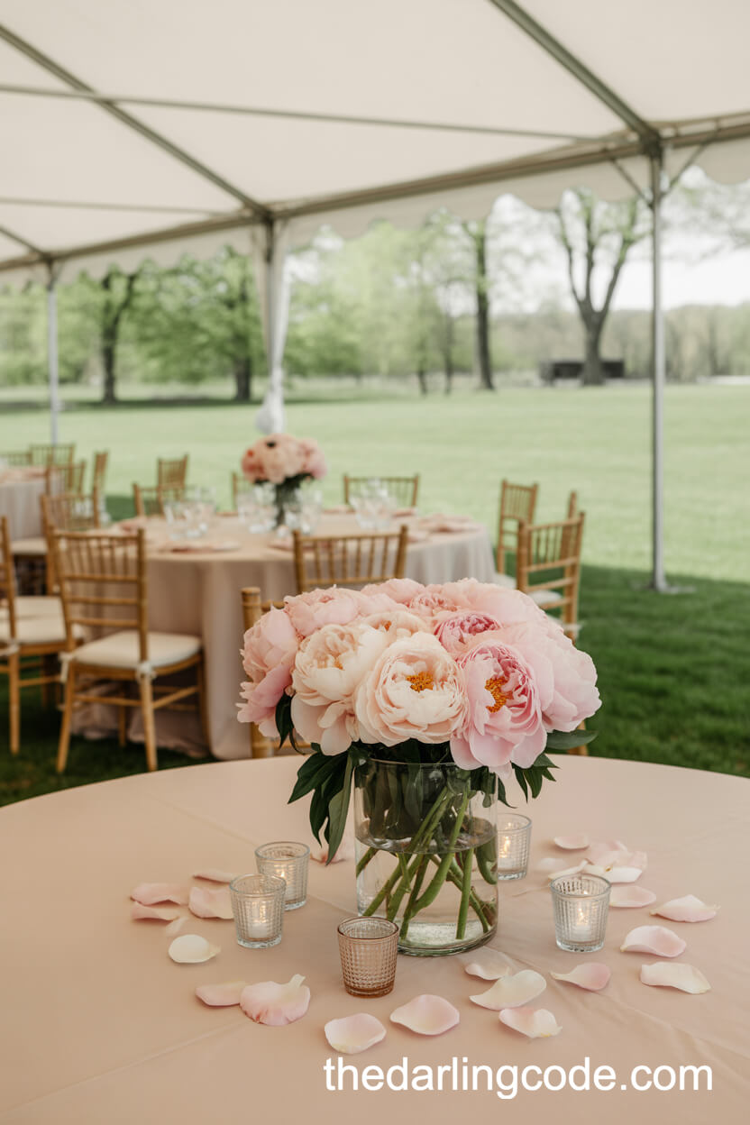 Round Tables With Blush Peony Centerpieces Under A White Tent