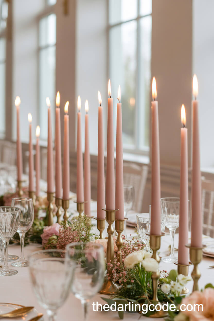 Tall Blush Pink Taper Candles As Romantic Table Centerpieces