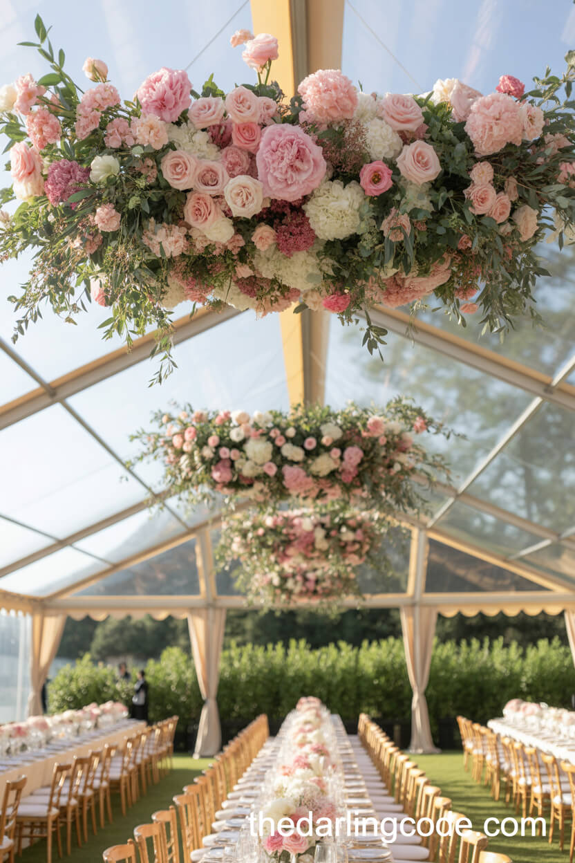 Overhead Pink Floral Installations For Dining Tables