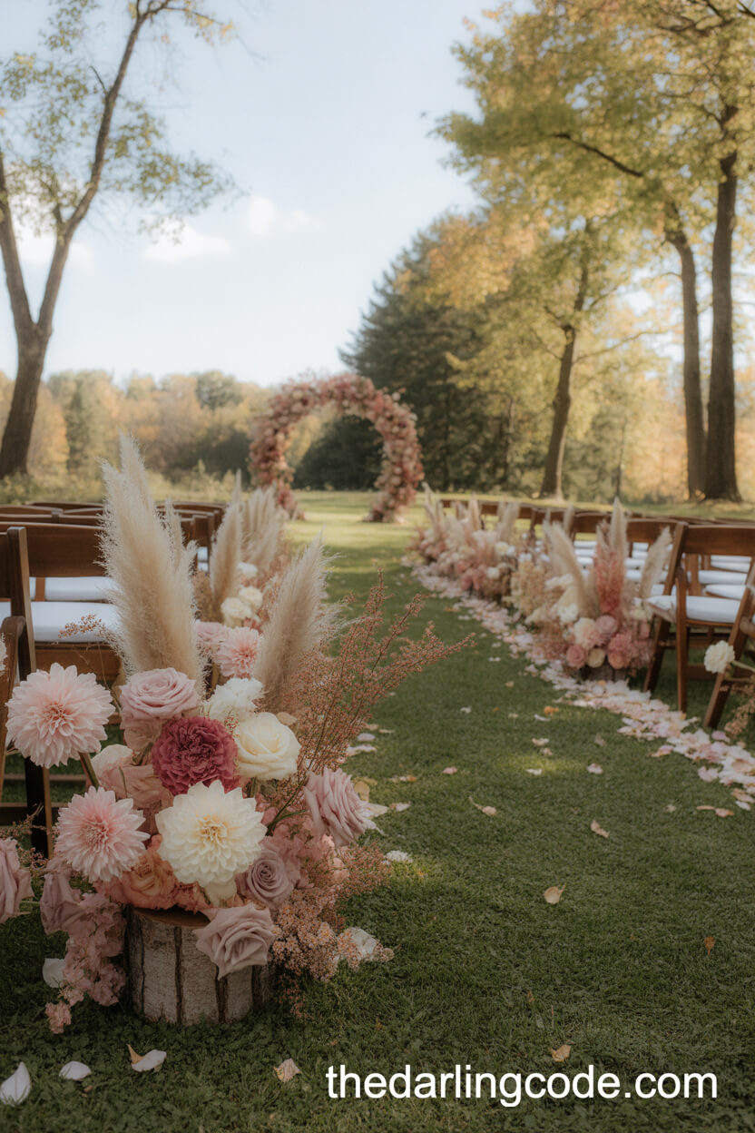 Autumn Aisle Decor With Pink And Dusty Rose Flowers
