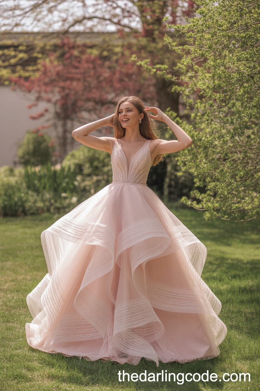 Modern Blush Pink Ballgown Wedding Dress With Delicate Tulle And Beading