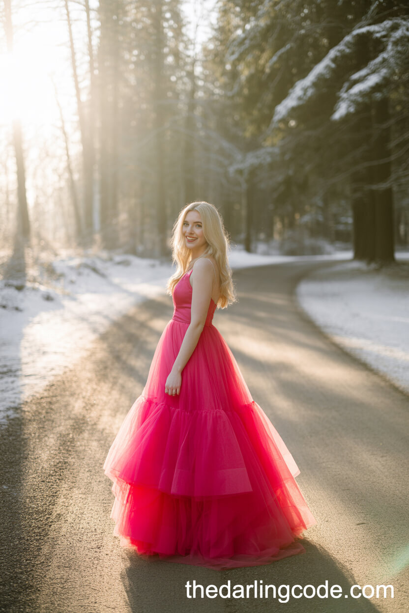 Bright Pink Princess-Style Tulle Wedding Gown For Winter