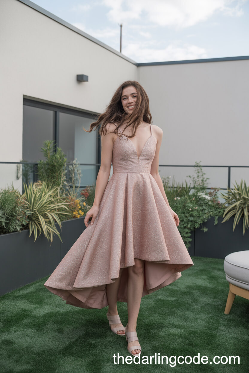 Rose-Pink High-Low Hem Wedding Dress With Modern Flair