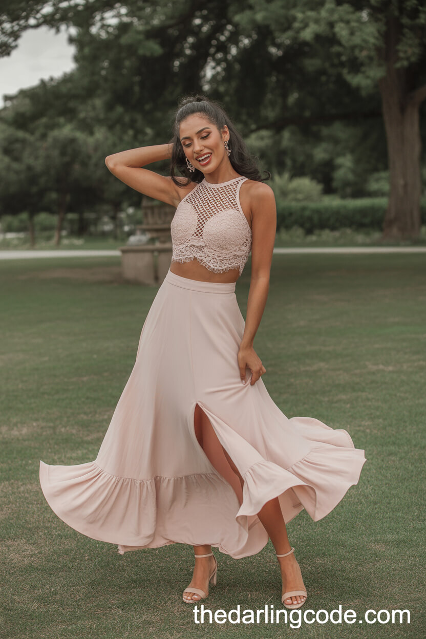 Trendy Two-Piece Pale Pink Wedding Dress With Lace Crop Top