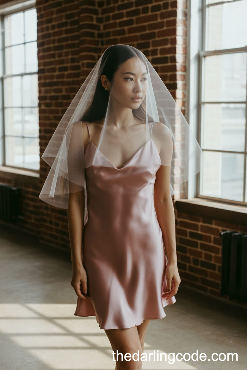 Vintage Pink Slip Wedding Dress With Delicate Veil