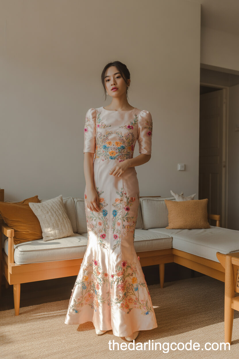 Fitted Pale Pink Wedding Dress With Colorful Floral Embroidery