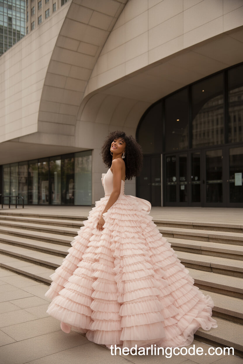 Dramatic Layered Ruffled Light Pink Princess Ballgown