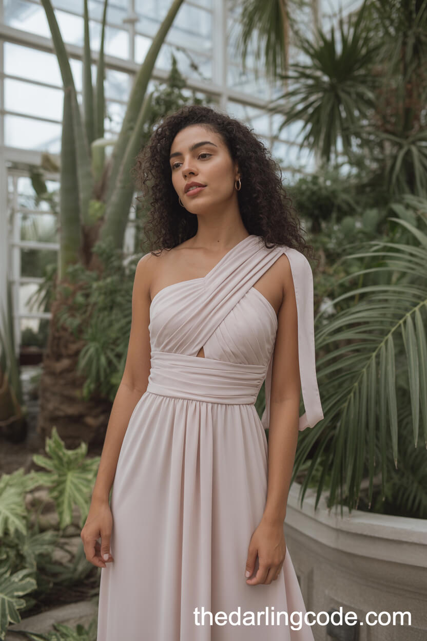 Soft Blush Pink Grecian-Style One-Shoulder Wedding Dress