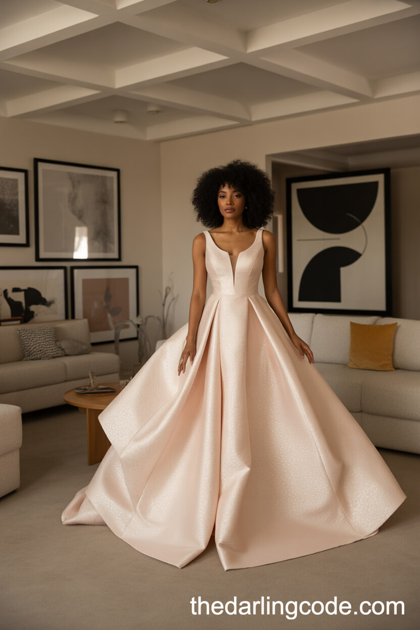 Structured Modern Blush Pink Wedding Dress With Architectural Lines