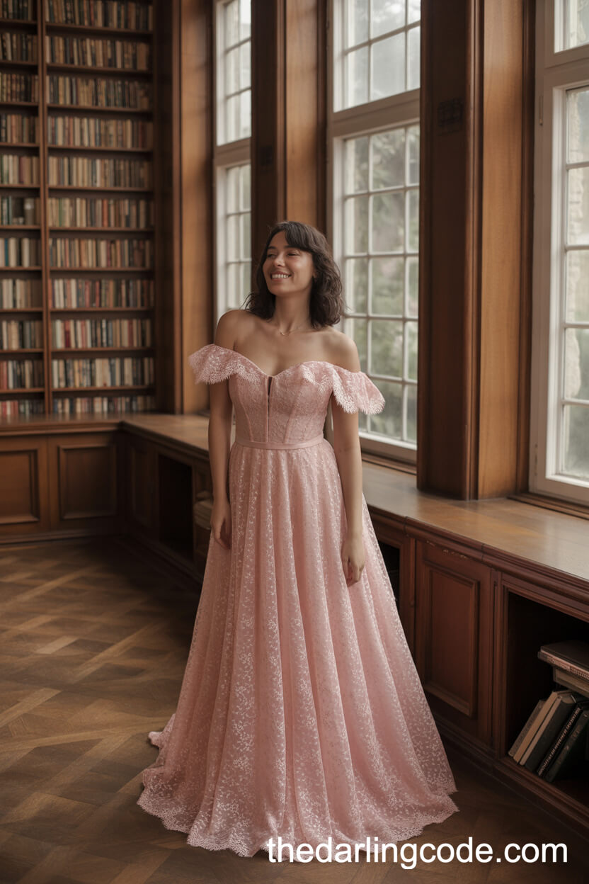Romantic Dusty Pink Off-The-Shoulder Lace Wedding Dress