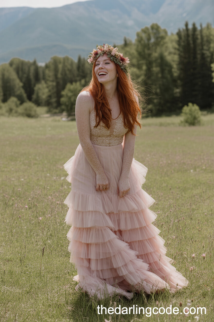 Boho-Inspired Pink Tulle Wedding Dress With Flower Crown