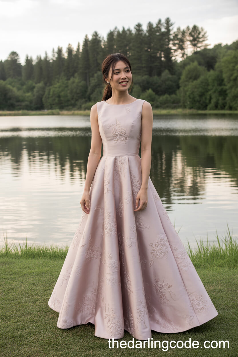 Classic A-Line Pastel Pink Wedding Dress With Subtle Floral Embroidery