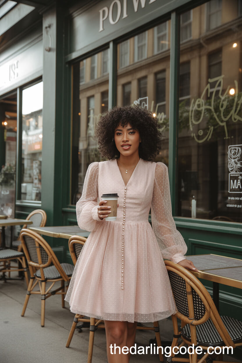 Chic Blush Pink Mini Wedding Dress With Sheer Sleeves And Pearl Buttons