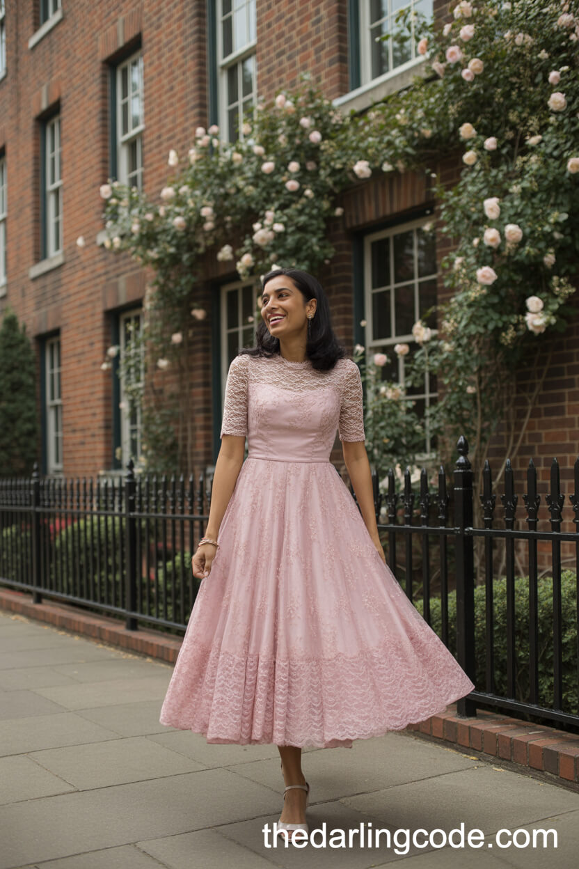 Vintage-Inspired Pink Lace Tea-Length Wedding Dress
