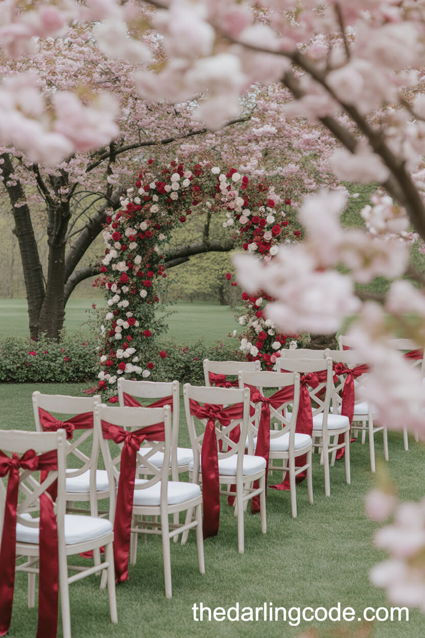 Spring Ceremony Among Cherry Blossoms With Red And White Floral Arch