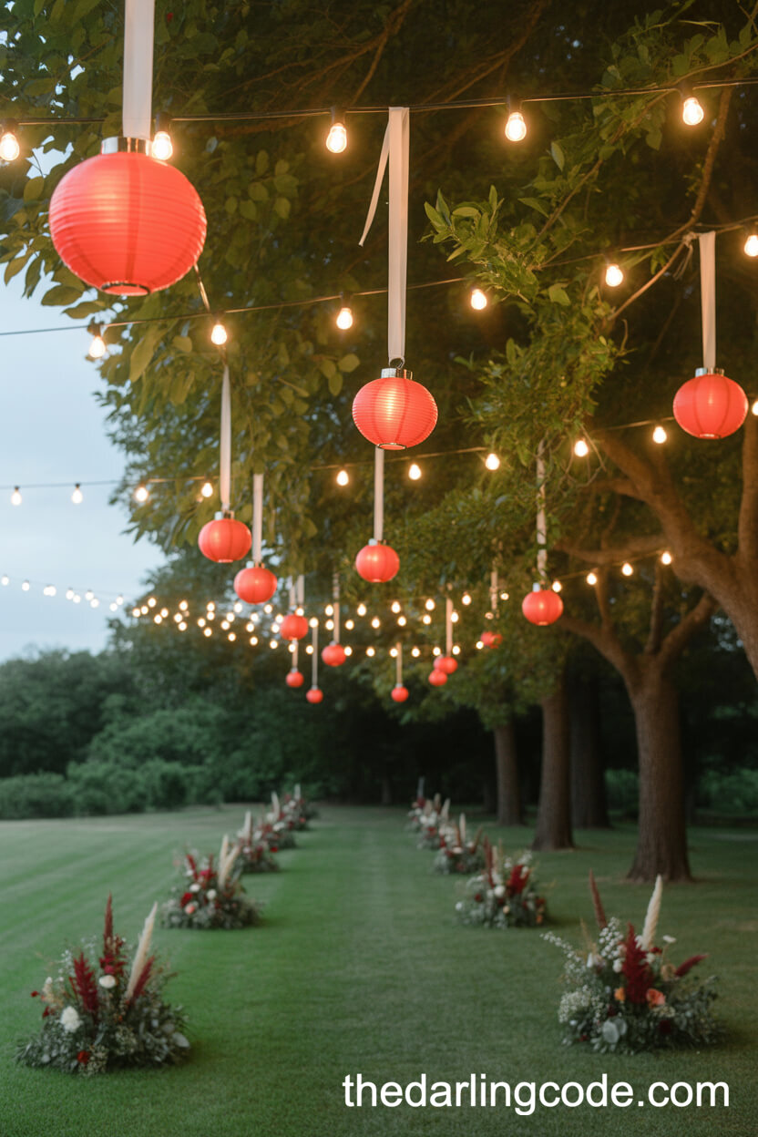 Outdoor Evening Pathway Lit By Red Lanterns And White Ribbons