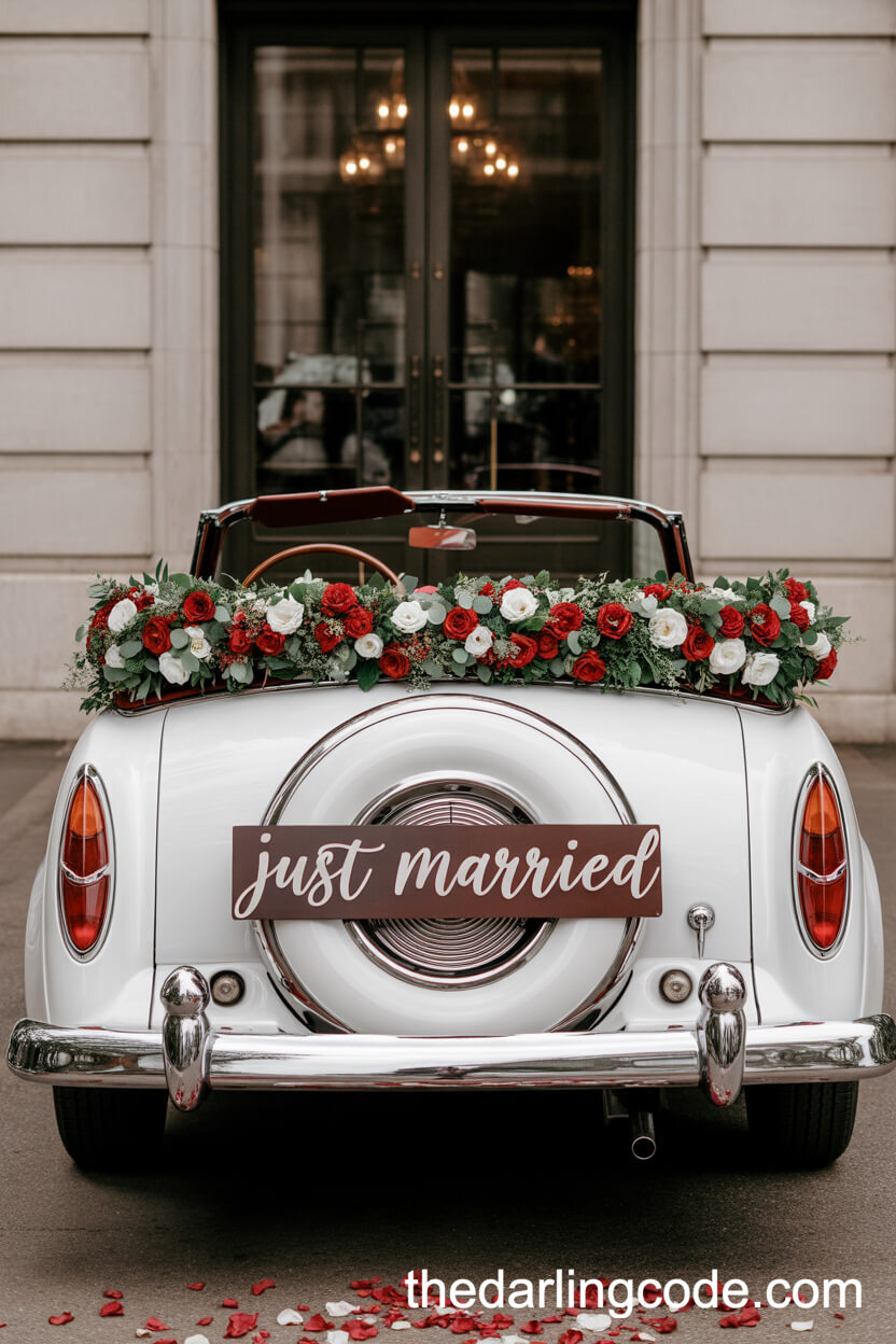 Vintage Convertible Decorated With Red And White Florals For The Newlyweds