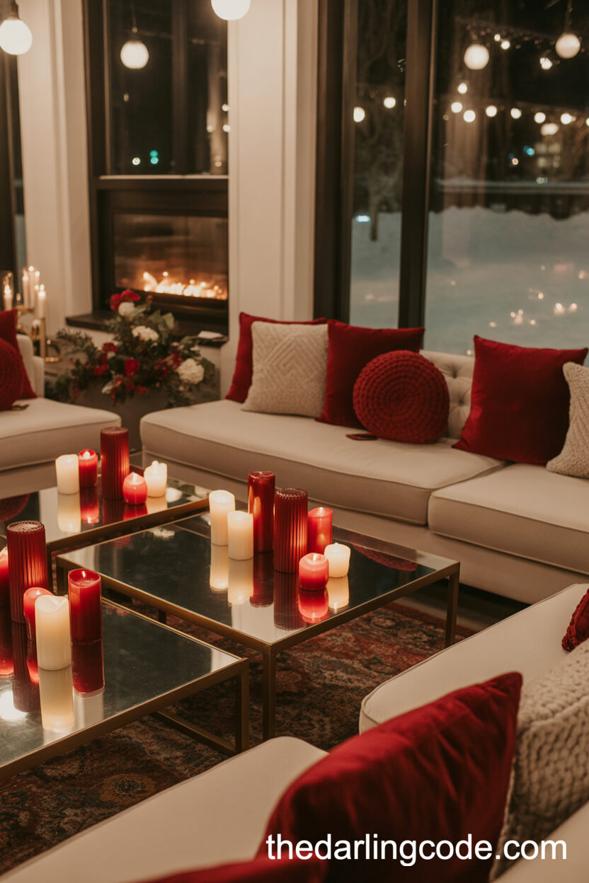Cozy Winter Wedding Lounge With Plush White Sofas And Red Accents