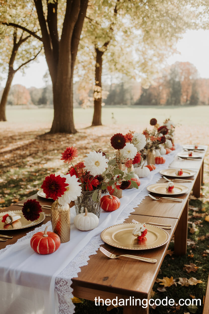 Autumn Outdoor Reception Table With Red And White Dahlias And Painted Pumpkins