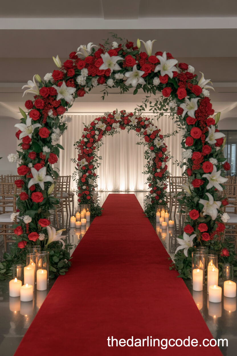 Lavish Indoor Wedding Aisle With Red Roses And White Lilies