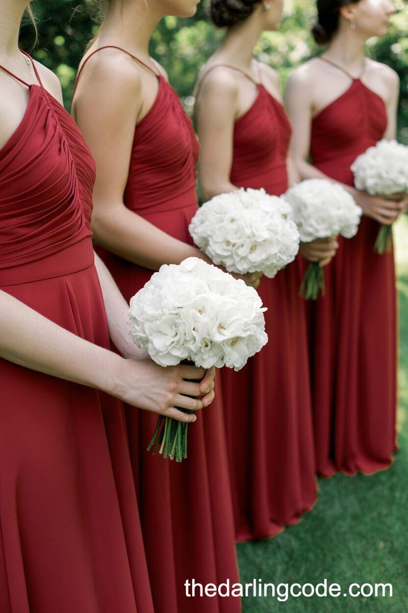 Bridesmaids In Elegant Red Dresses With White Bouquets