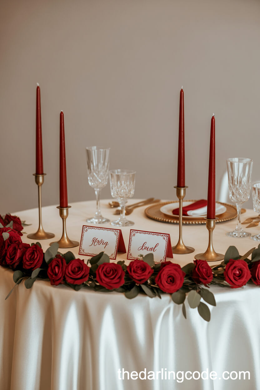 Sweetheart Table Featuring Red Garlands Gold Candlesticks And Crystal Details