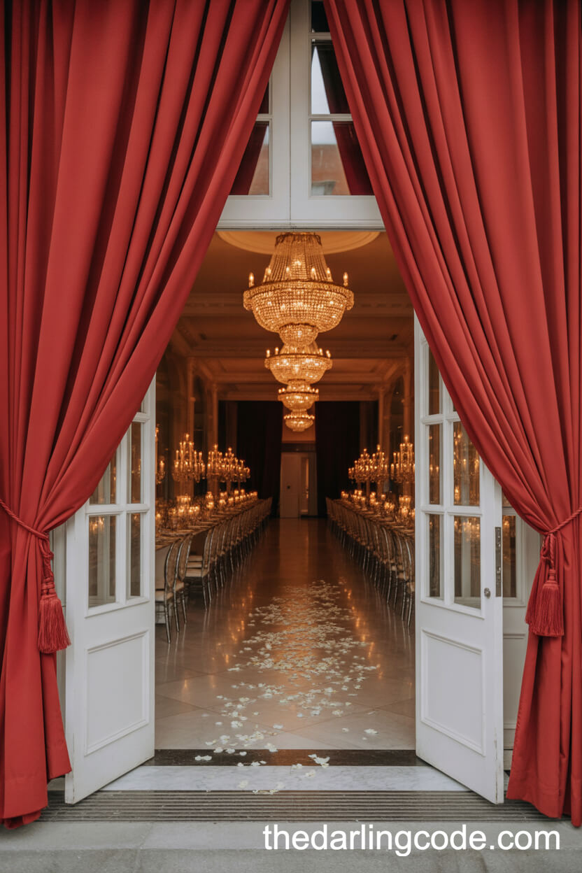 Grand Ballroom Entrance Draped In Red Velvet And White Petals