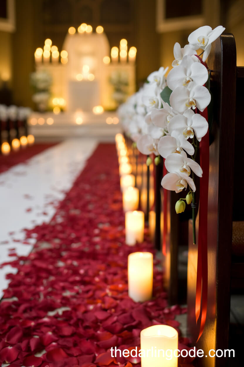 Candlelit Wedding Aisle With Red Rose Petals And White Orchids