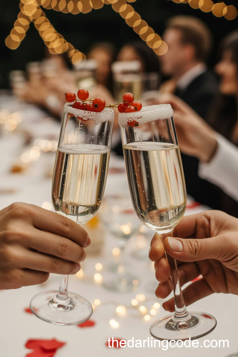Champagne Toast With Sugar-Rimmed Flutes And Red Currant Garnishes