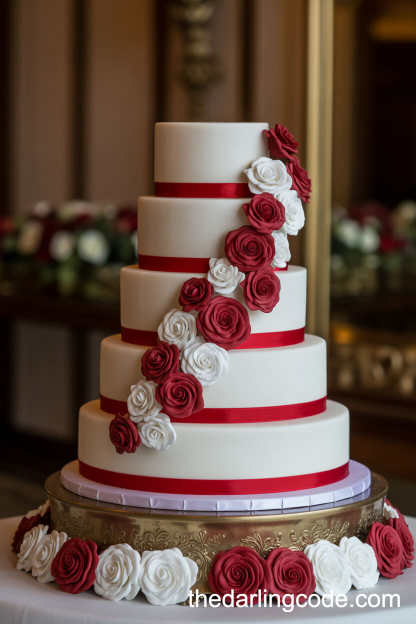 Elegant White Wedding Cake Adorned With Red Velvet Ribbons And Sugar Roses