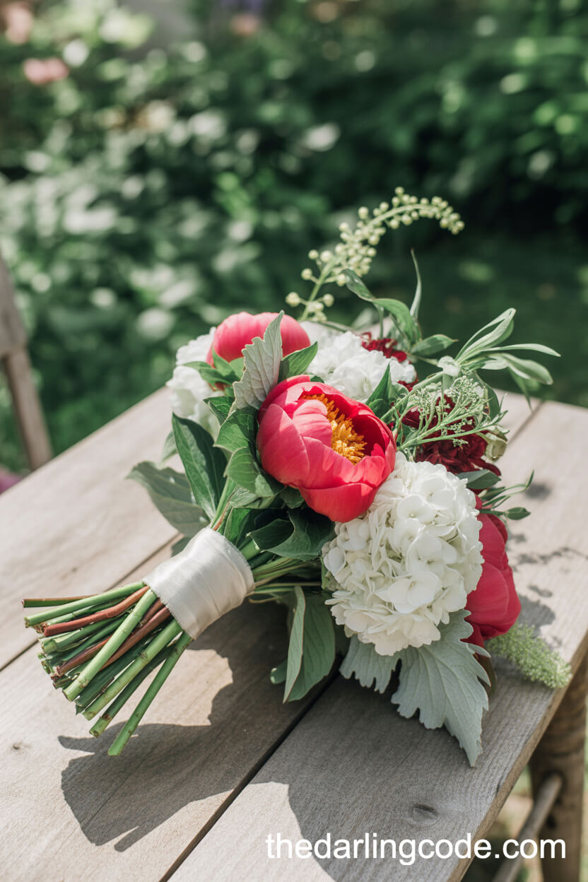 Rustic Summer Bridal Bouquet With Red Peonies And White Hydrangeas