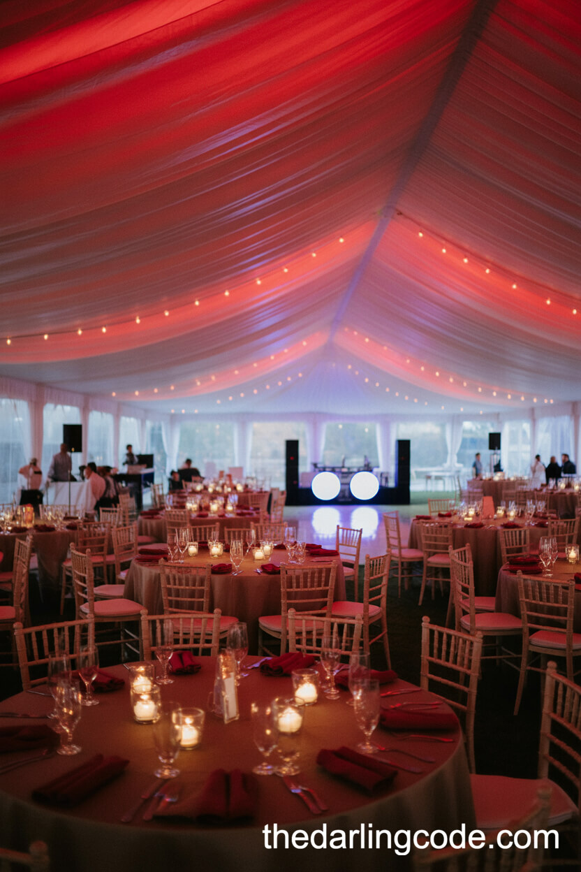 Grand Tent Reception With Sheer White Drapes And Red Lighting