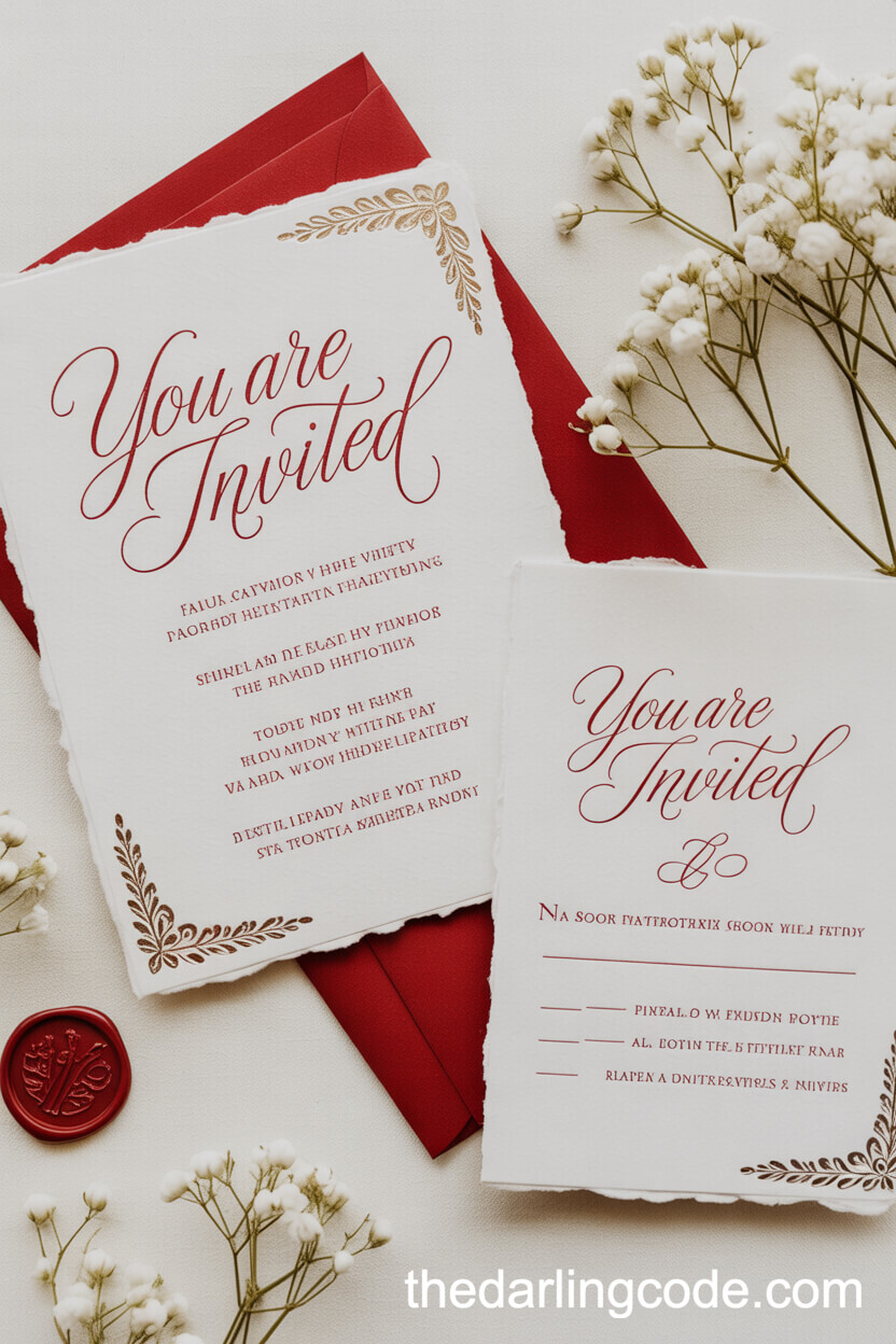 Red And White Classic Wedding Invitation Suite With Wax Seal