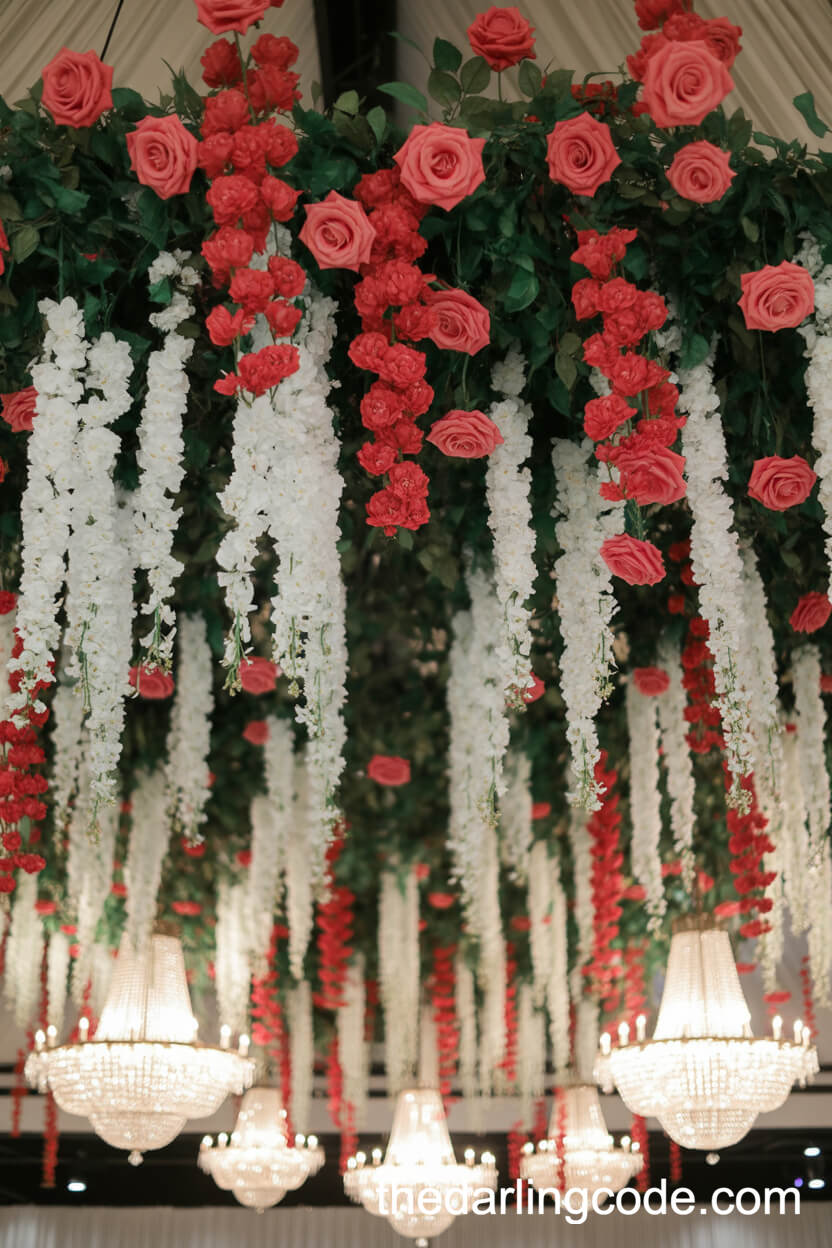 Stunning Ceiling Installation Of Red Roses And White Wisteria