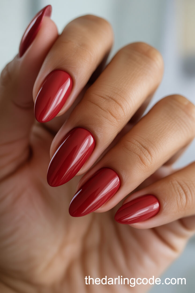 Classic Glossy Red Almond Bridal Nails