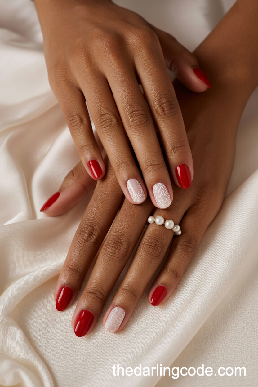 Classic Red Oval Nails With White Lace