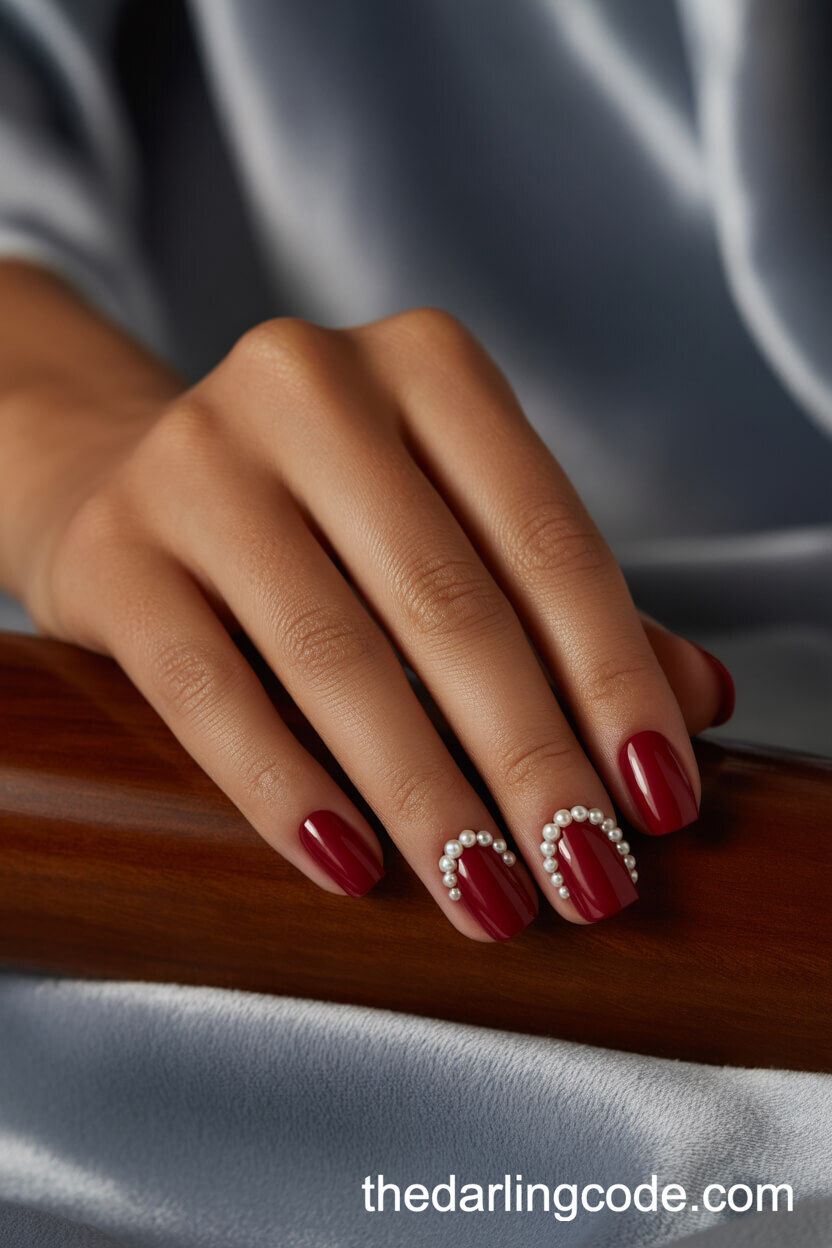 Scarlet Oval Nails With Pearl French Tips