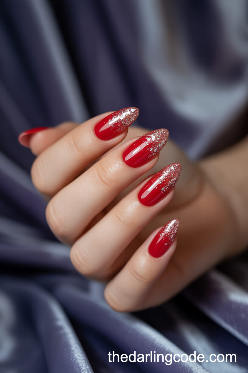 Red Almond Nails With Silver Glitter Ombre