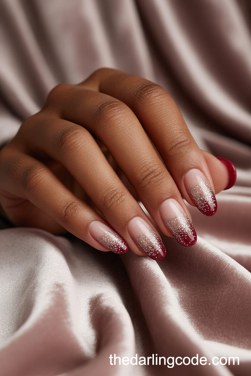 Red And Silver Glitter Ombre Almond Nails