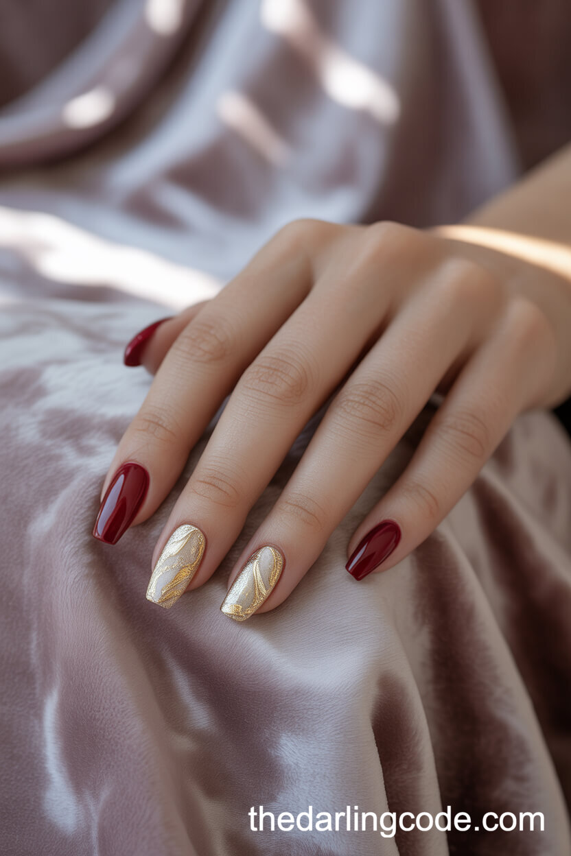 Burgundy Coffin Nails With Gold Foil Accents