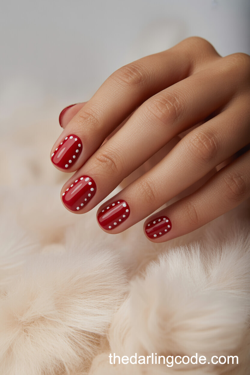 Short Red Nails With White Dots Bridal Style