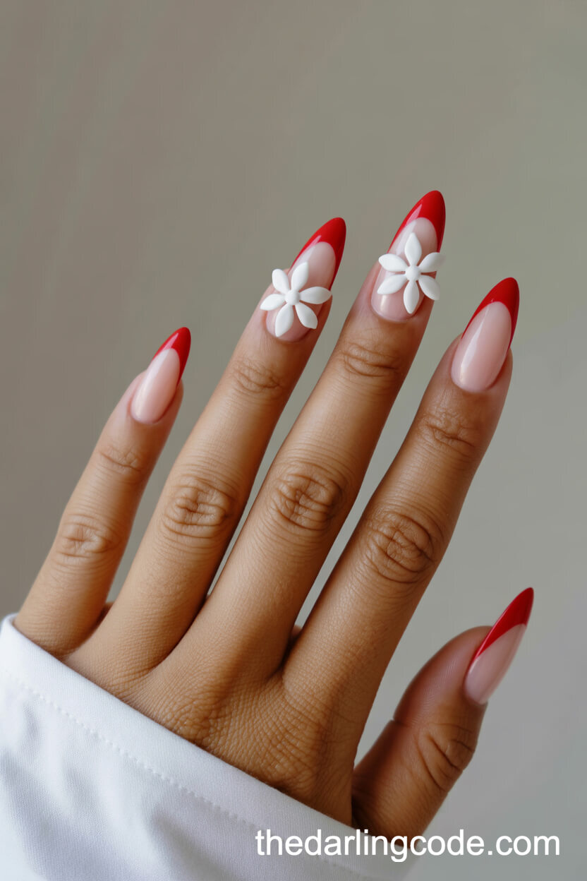 Red French Tip Nails With 3D White Flowers