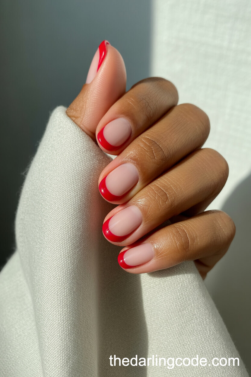 Cherry Red French Tips On Oval Nails