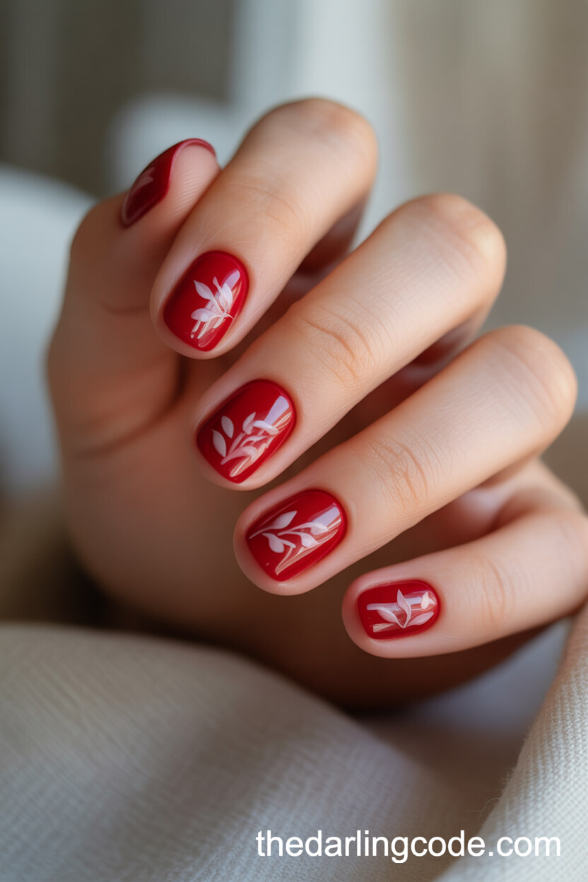 Red Round Nails With White Floral Designs