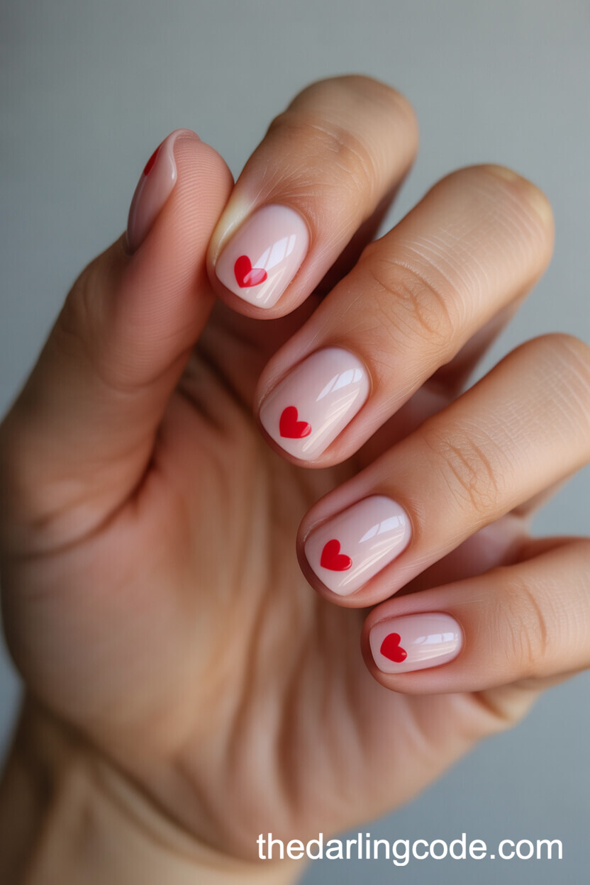 Short Nails With Red Hearts Bridal Design